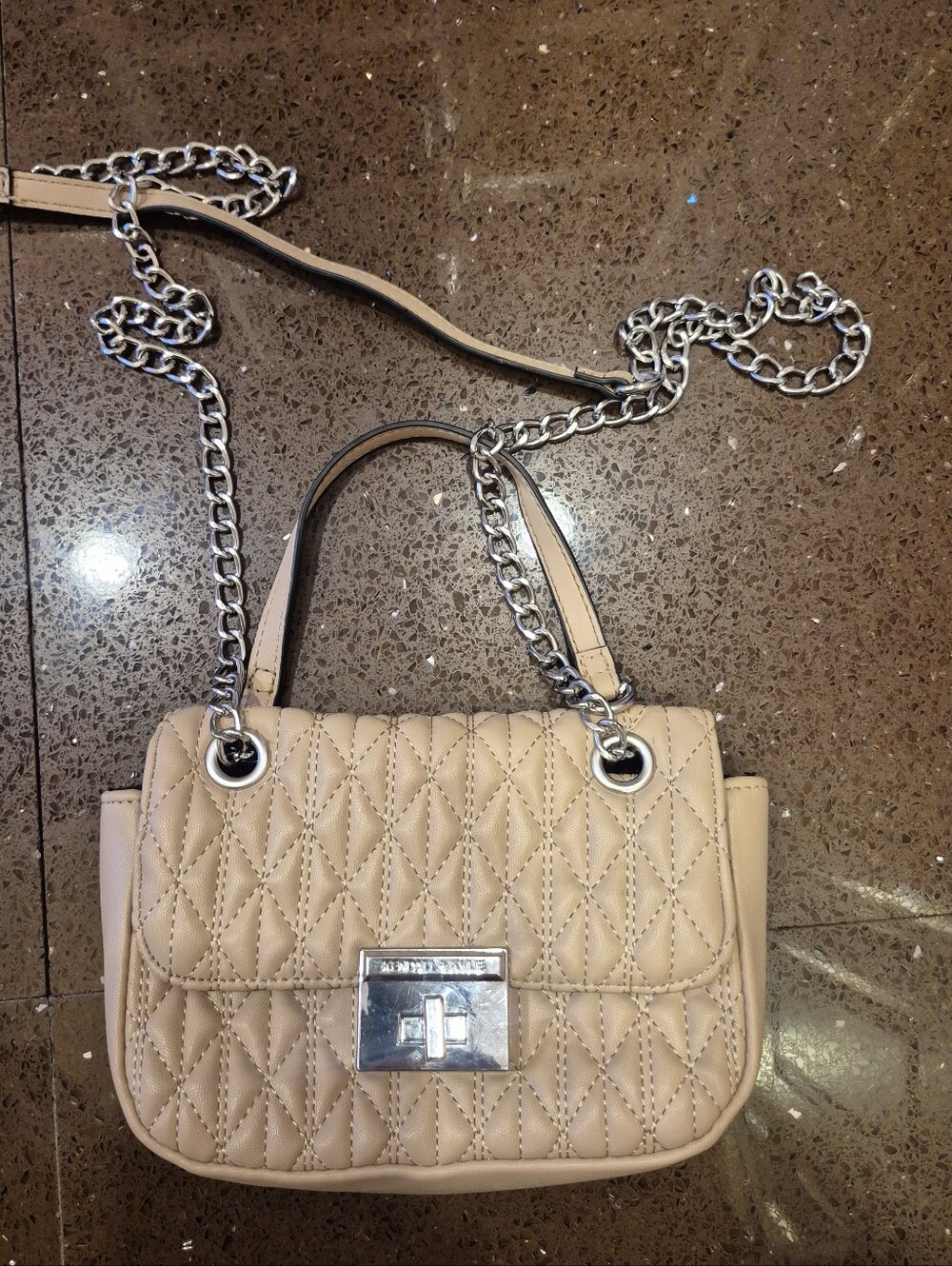Kendall& Kylie Quilted Beige Shoulder Bag with Silver Chain Strap